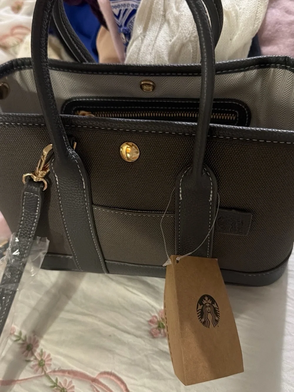 Starbucks gray Canvas Tote Handbag with Black Trim